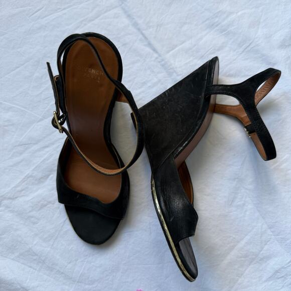 Vintage Givenchy Paris Suede Strappy Wedge Heels w/ Gold Trim, Size 38.5 - Picture 5 of 6